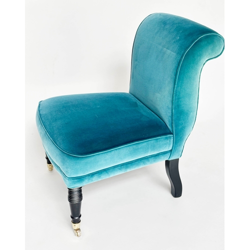 125 - SLIPPER CHAIR, Victorian style with blue velvet upholstery and turned front supports, 60cm W.