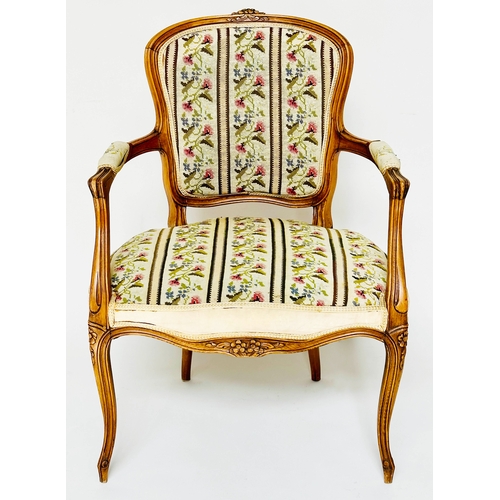 127 - FAUTEUIL, French Louis XV style walnut with floral and striped needlework, panel upholstery, 62cm W.