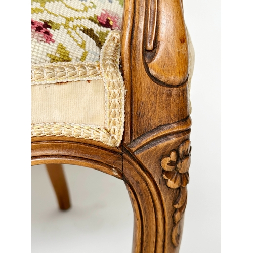 127 - FAUTEUIL, French Louis XV style walnut with floral and striped needlework, panel upholstery, 62cm W.