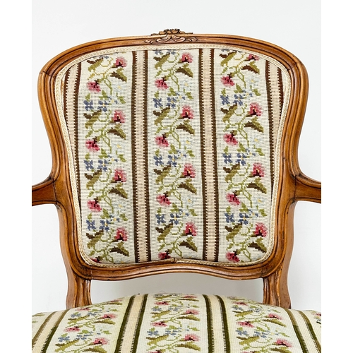 127 - FAUTEUIL, French Louis XV style walnut with floral and striped needlework, panel upholstery, 62cm W.