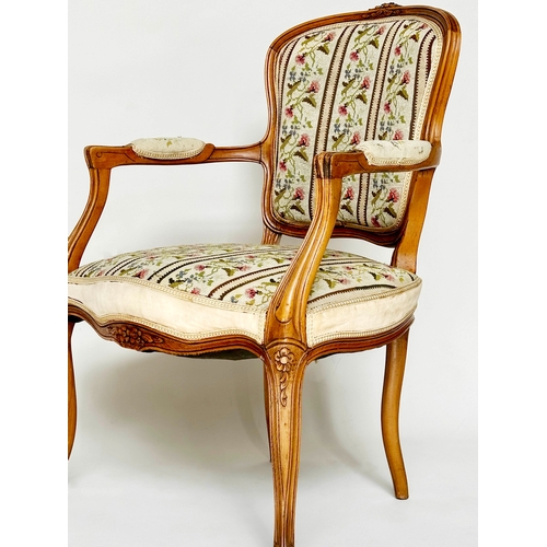 127 - FAUTEUIL, French Louis XV style walnut with floral and striped needlework, panel upholstery, 62cm W.