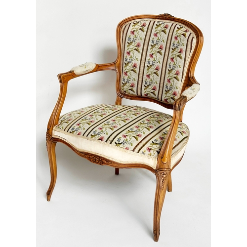 127 - FAUTEUIL, French Louis XV style walnut with floral and striped needlework, panel upholstery, 62cm W.