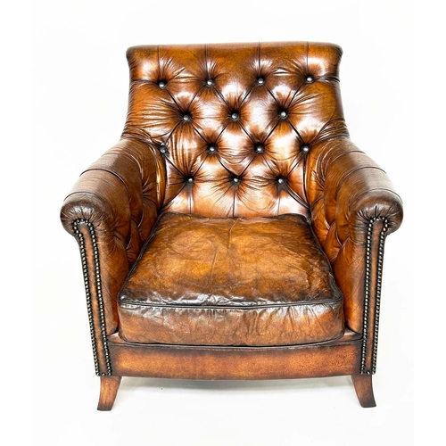 129 - LIBRARY ARMCHAIR, vintage club style with hand finished antique studded tan leather upholstery with ... 