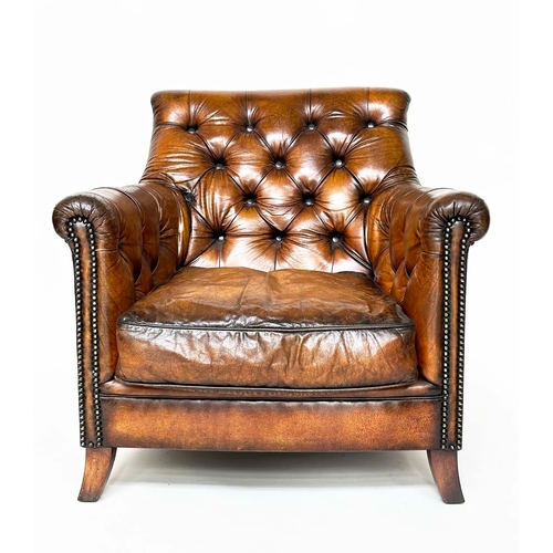 129 - LIBRARY ARMCHAIR, vintage club style with hand finished antique studded tan leather upholstery with ... 