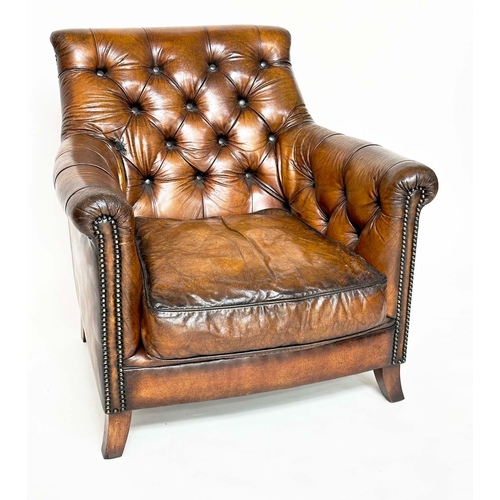 129 - LIBRARY ARMCHAIR, vintage club style with hand finished antique studded tan leather upholstery with ... 