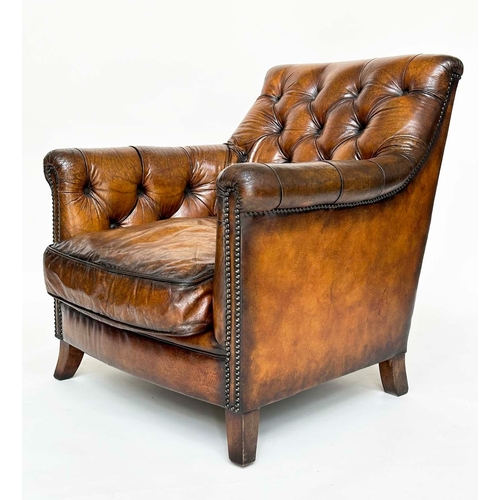 129 - LIBRARY ARMCHAIR, vintage club style with hand finished antique studded tan leather upholstery with ... 