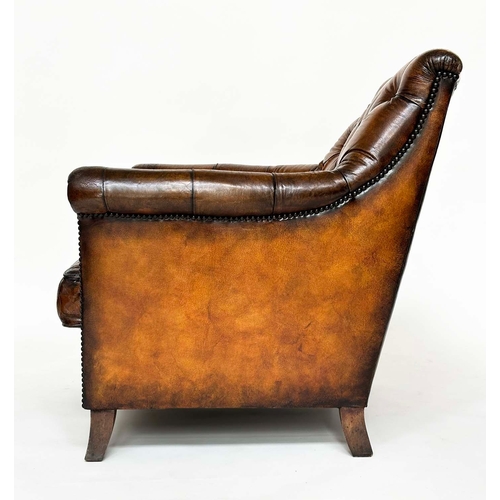 129 - LIBRARY ARMCHAIR, vintage club style with hand finished antique studded tan leather upholstery with ... 