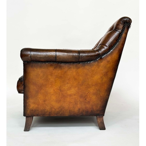 129 - LIBRARY ARMCHAIR, vintage club style with hand finished antique studded tan leather upholstery with ... 