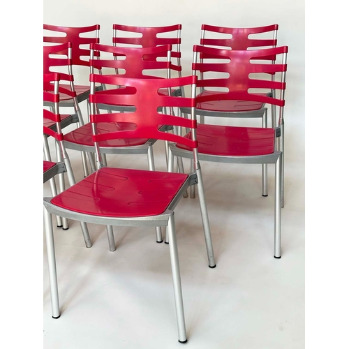 130 - 'FRITZ HANSEN ICE' CHAIRS, a set of eight Kasper Salto Danish stacking red and grey metal 'Fritz Han... 