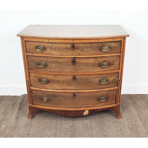 134 - BOWFRONT CHEST, George III mahogany, rosewood and satinwood with four inlaid drawers, 83cm H x 95cm ... 