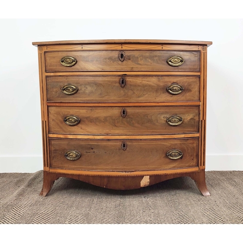 134 - BOWFRONT CHEST, George III mahogany, rosewood and satinwood with four inlaid drawers, 83cm H x 95cm ... 