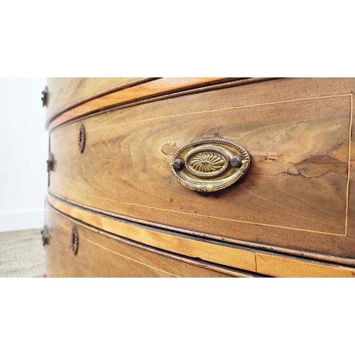 134 - BOWFRONT CHEST, George III mahogany, rosewood and satinwood with four inlaid drawers, 83cm H x 95cm ... 