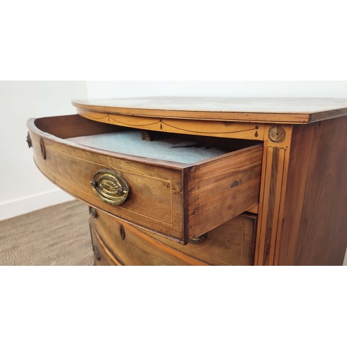 134 - BOWFRONT CHEST, George III mahogany, rosewood and satinwood with four inlaid drawers, 83cm H x 95cm ... 