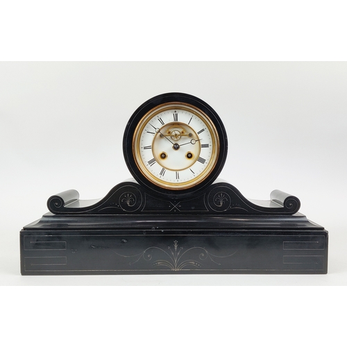 16 - A LATE 19TH CENTURY BLACK SLATE MANTEL CLOCK, eight day movement, white enamelled dial with black Ro... 