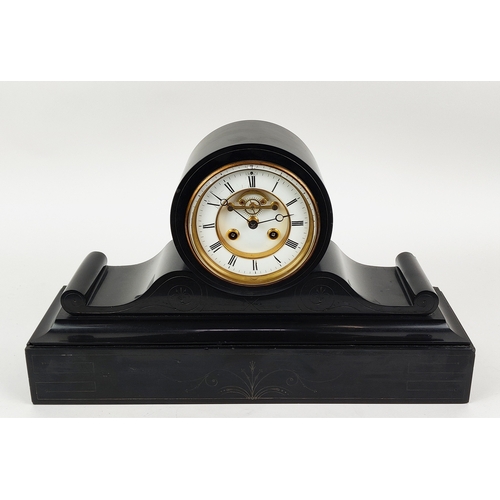 16 - A LATE 19TH CENTURY BLACK SLATE MANTEL CLOCK, eight day movement, white enamelled dial with black Ro... 