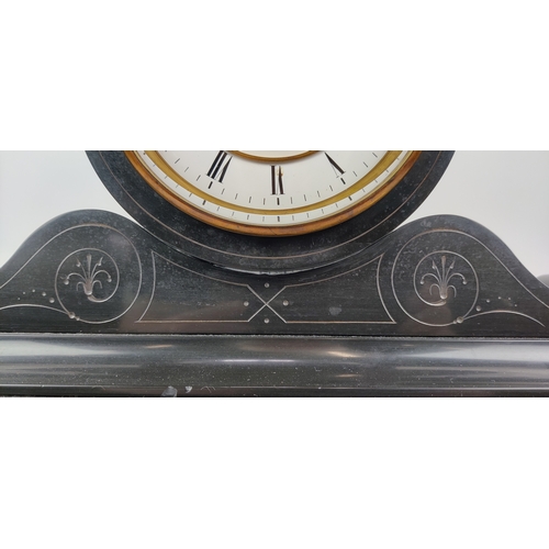 16 - A LATE 19TH CENTURY BLACK SLATE MANTEL CLOCK, eight day movement, white enamelled dial with black Ro... 