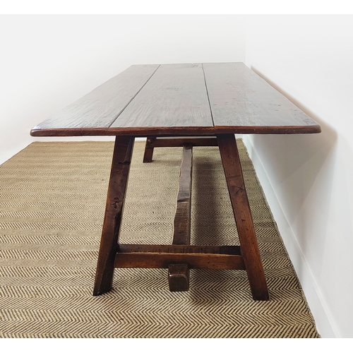 171 - REFECTORY TABLE, oak with rough hewn rectangular plank top, 77cm H x 212cm W x 93cm D.