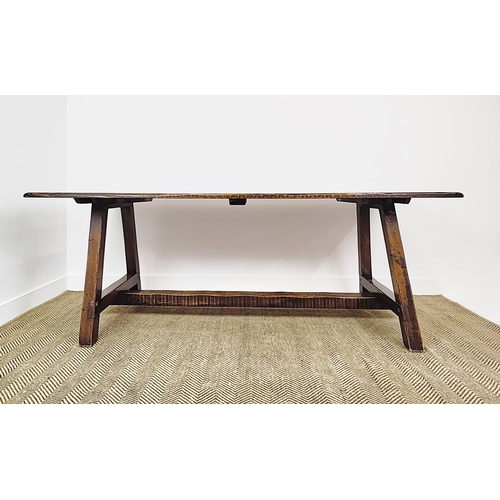 171 - REFECTORY TABLE, oak with rough hewn rectangular plank top, 77cm H x 212cm W x 93cm D.