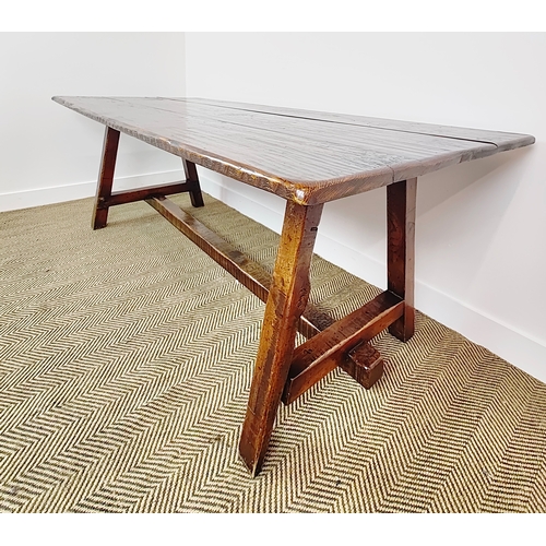 171 - REFECTORY TABLE, oak with rough hewn rectangular plank top, 77cm H x 212cm W x 93cm D.