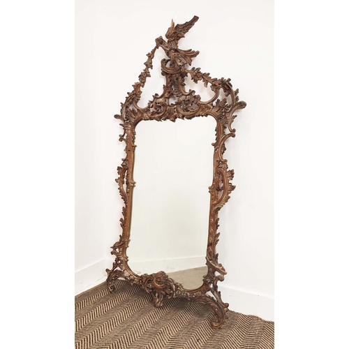 174 - WALL MIRROR, Chippendale style carved frame with  Ho Ho bird cresting, 156cm H x 81cm W.