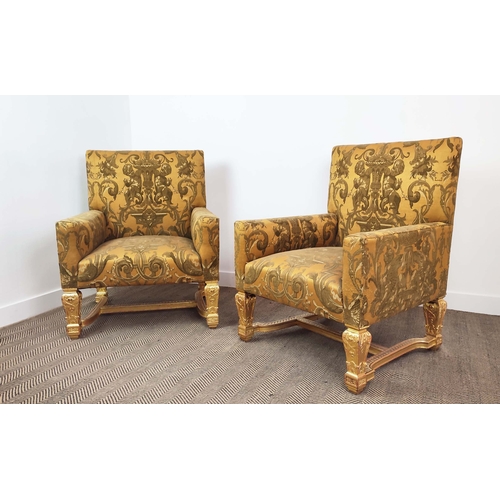 175 - SALON CHAIRS, a pair, Régence style gilt framed with gold classical design upholstery, 104cm H x 85c... 