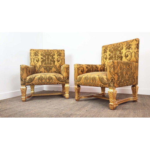 175 - SALON CHAIRS, a pair, Régence style gilt framed with gold classical design upholstery, 104cm H x 85c... 