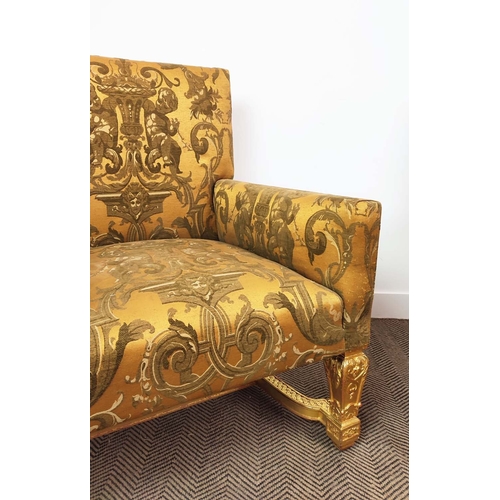 175 - SALON CHAIRS, a pair, Régence style gilt framed with gold classical design upholstery, 104cm H x 85c... 