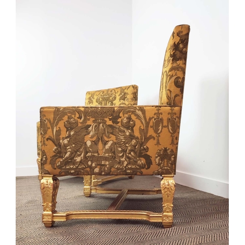 175 - SALON CHAIRS, a pair, Régence style gilt framed with gold classical design upholstery, 104cm H x 85c... 