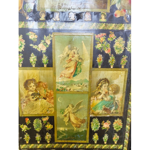 178 - SCREEN, 19th century decoupage of four panels decorated on both sides, each leaf 184cm H x 46cm W.