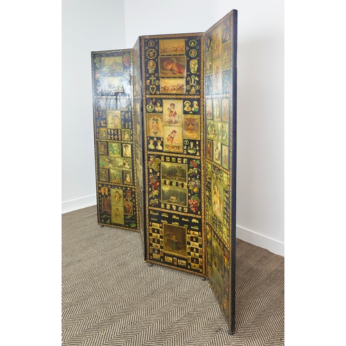 178 - SCREEN, 19th century decoupage of four panels decorated on both sides, each leaf 184cm H x 46cm W.