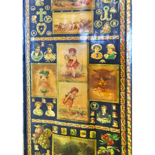 178 - SCREEN, 19th century decoupage of four panels decorated on both sides, each leaf 184cm H x 46cm W.