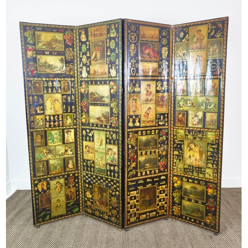 178 - SCREEN, 19th century decoupage of four panels decorated on both sides, each leaf 184cm H x 46cm W.