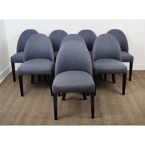 313 - DINING CHAIRS, a set of eight, dark blue upholstery on tapered front supports, 87cm H x 50cm W x 58c... 