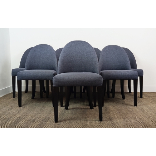 313 - DINING CHAIRS, a set of eight, dark blue upholstery on tapered front supports, 87cm H x 50cm W x 58c... 