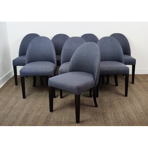 313 - DINING CHAIRS, a set of eight, dark blue upholstery on tapered front supports, 87cm H x 50cm W x 58c... 