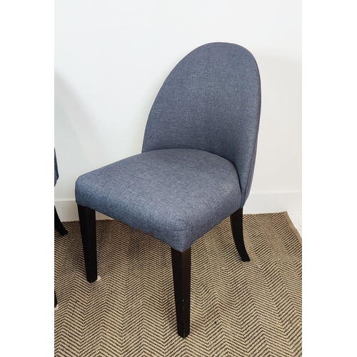 313 - DINING CHAIRS, a set of eight, dark blue upholstery on tapered front supports, 87cm H x 50cm W x 58c... 