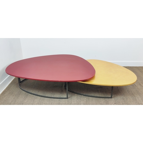 314 - COFFEE TABLE, formed as two tables, organic shaped tops in red and gold on metal bases, largest, 36c... 