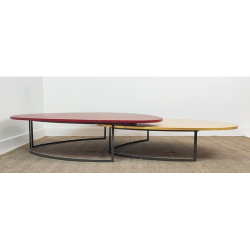 314 - COFFEE TABLE, formed as two tables, organic shaped tops in red and gold on metal bases, largest, 36c... 