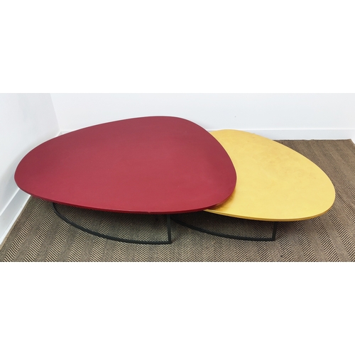 314 - COFFEE TABLE, formed as two tables, organic shaped tops in red and gold on metal bases, largest, 36c... 