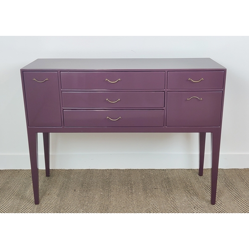 316 - SIDEBOARD, purple lacquered with an arrangement of six drawers on tapered supports, 85cm H x 112cm W... 