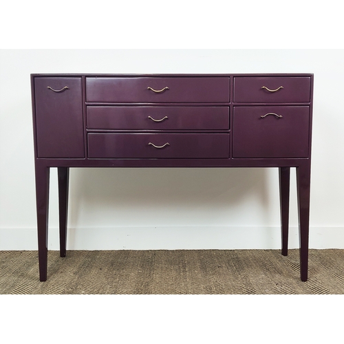 316 - SIDEBOARD, purple lacquered with an arrangement of six drawers on tapered supports, 85cm H x 112cm W... 