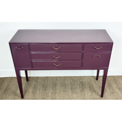 316 - SIDEBOARD, purple lacquered with an arrangement of six drawers on tapered supports, 85cm H x 112cm W... 