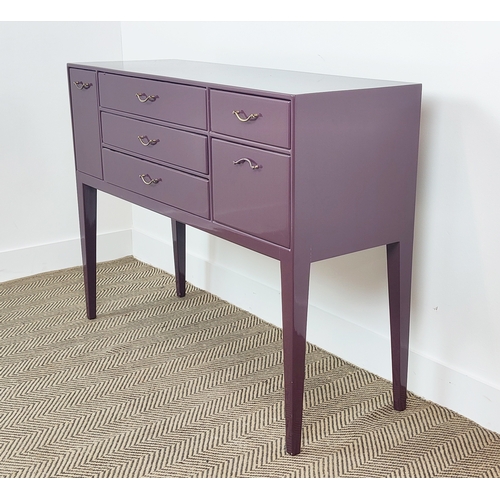 316 - SIDEBOARD, purple lacquered with an arrangement of six drawers on tapered supports, 85cm H x 112cm W... 