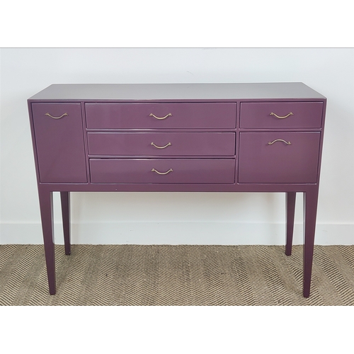 317 - SIDEBOARD, purple lacquered with an arrangement of six drawers on tapered supports, 85cm H x 112cm W... 