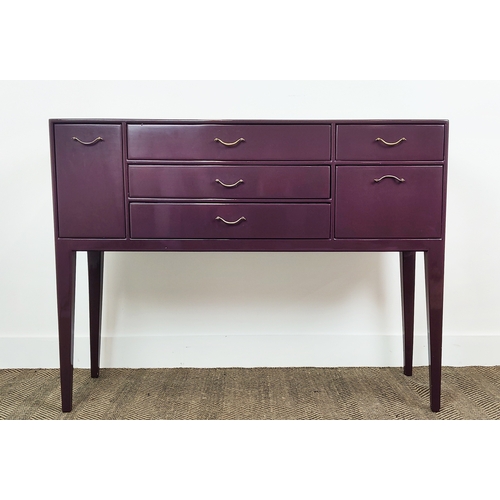 317 - SIDEBOARD, purple lacquered with an arrangement of six drawers on tapered supports, 85cm H x 112cm W... 