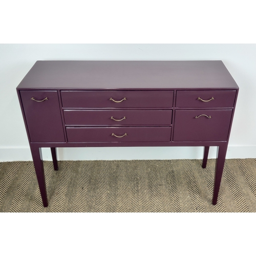 317 - SIDEBOARD, purple lacquered with an arrangement of six drawers on tapered supports, 85cm H x 112cm W... 