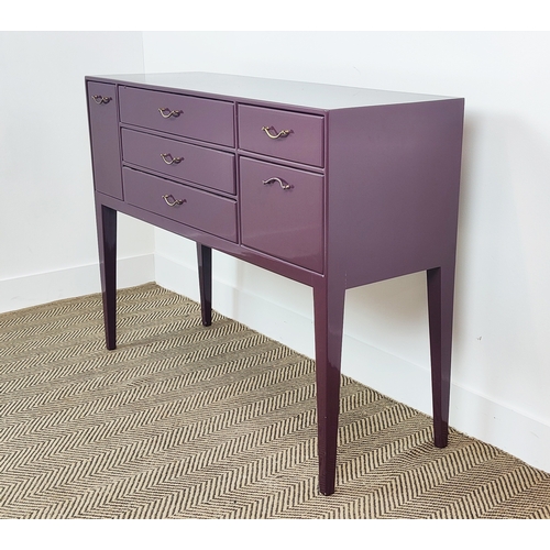 317 - SIDEBOARD, purple lacquered with an arrangement of six drawers on tapered supports, 85cm H x 112cm W... 