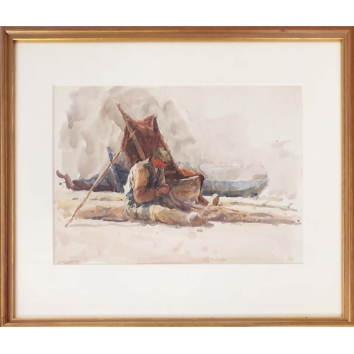 66 - JOSEPH HAROLD SWANICK (1866-1929), 'Fisherman mending nets', watercolour, 21cm x 28cm, framed, Prove... 