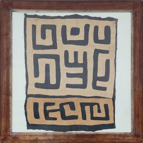 7 - AFRICAN KUBA CLOTH, purchased from the Trowbridge Gallery, 87cm x 82cm, framed.