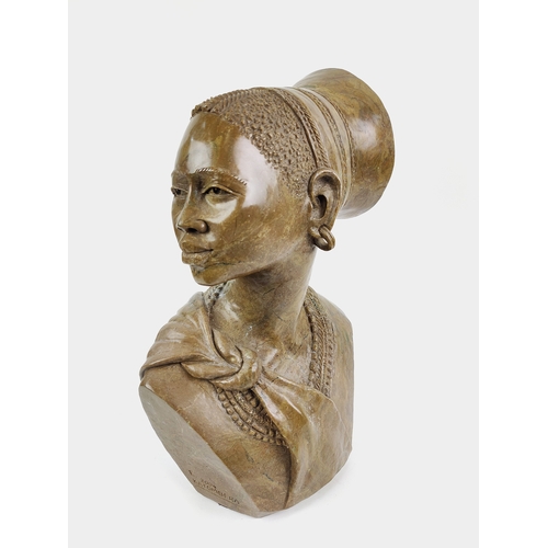 9 - ELLIOT KATOMBERA SHONA BUST, carved African hardstone, signed and dated 2004, 45cm H.